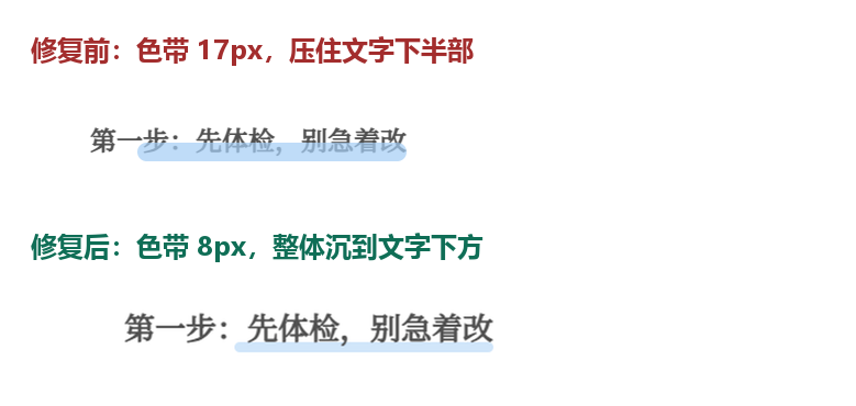 修复前后的对比,色带从压住文字的半透明色块变成文字下方的一条细线