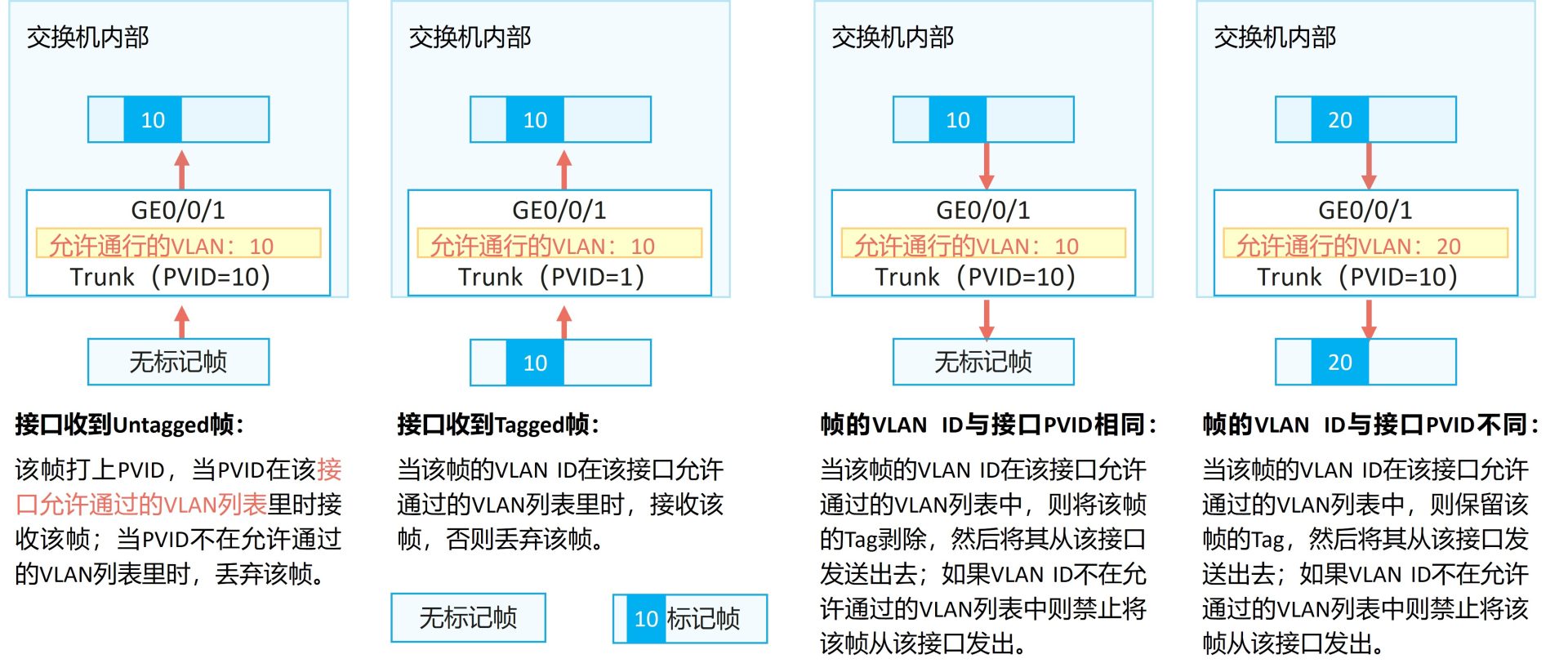 Trunk 接口的收发规则:按允许列表转发,PVID 对应的 VLAN 剥离标签