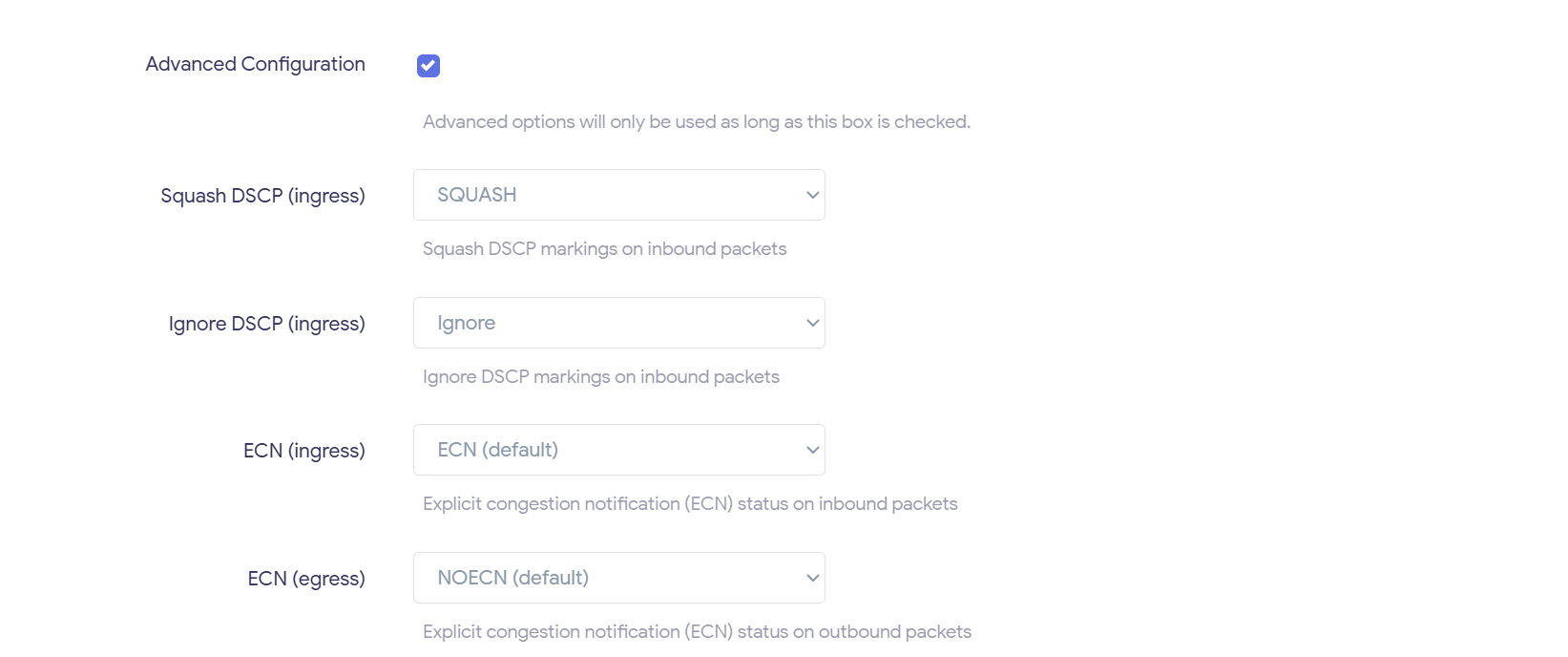 高级配置区:Squash DSCP 选 SQUASH、Ignore DSCP 选 Ignore、ECN ingress 为 ECN、ECN egress 为 NOECN