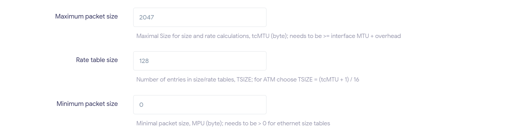 高级链路选项:Maximum packet size 2047、Rate table size 128、Minimum packet size 0