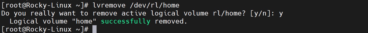 lvremove 需要输入 y 确认,删完提示 successfully removed