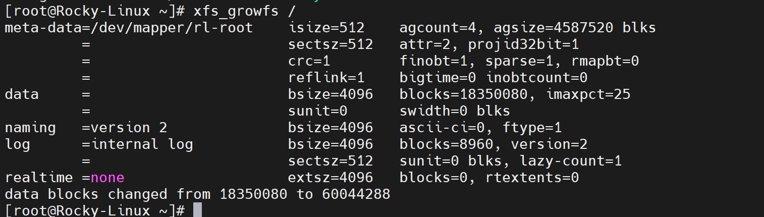 xfs_growfs 把 data blocks 从 18350080 扩到 60044288
