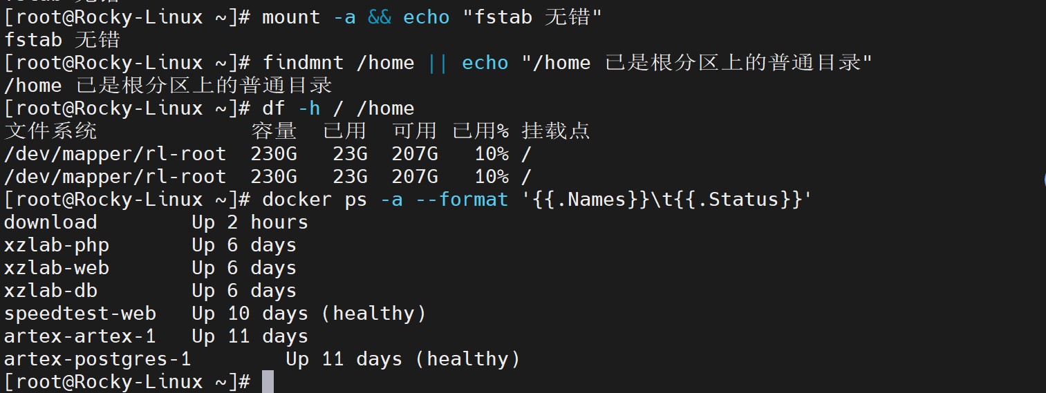 mount -a 无报错、findmnt 确认 /home 已是普通目录、7 个容器全部 Up