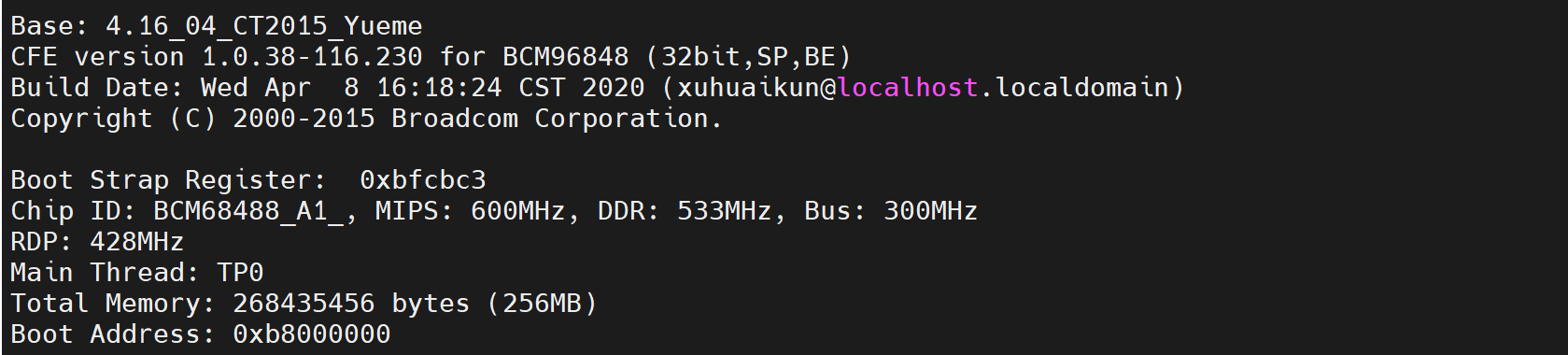 串口日志第一屏：CFE version 1.0.38-116.230 for BCM96848，构建日期 2020 年 4 月 8 日，Chip ID BCM68488_A1_，MIPS 600MHz、DDR 533MHz、Bus 300MHz、RDP 428MHz，Total Memory 256MB