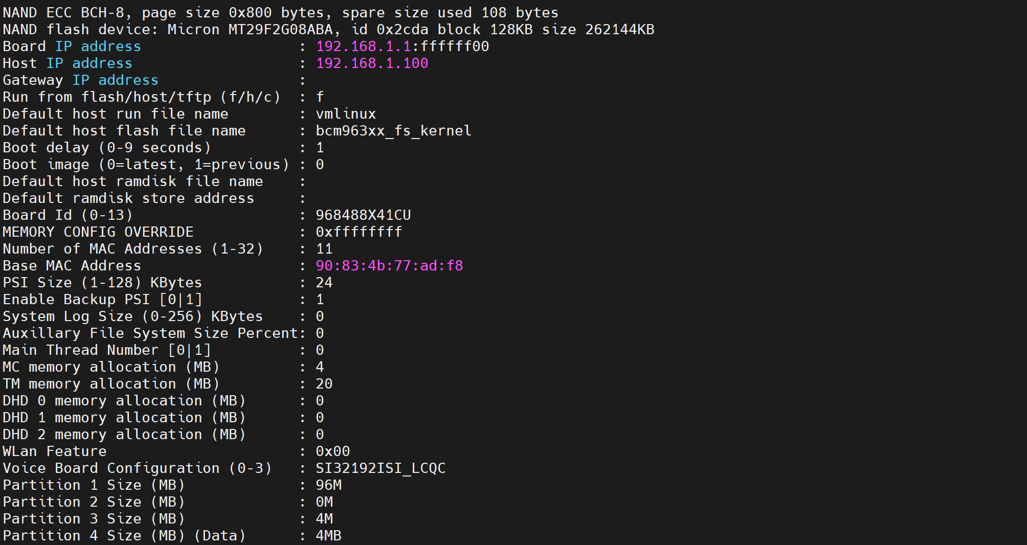 串口日志：CFE 参数区 dump，Board Id 968488X41CU，Base MAC 90:83:4b:77:ad:f8，MAC 地址数 11，Voice Board Configuration SI32192ISI_LCQC，Partition 1 Size 96M