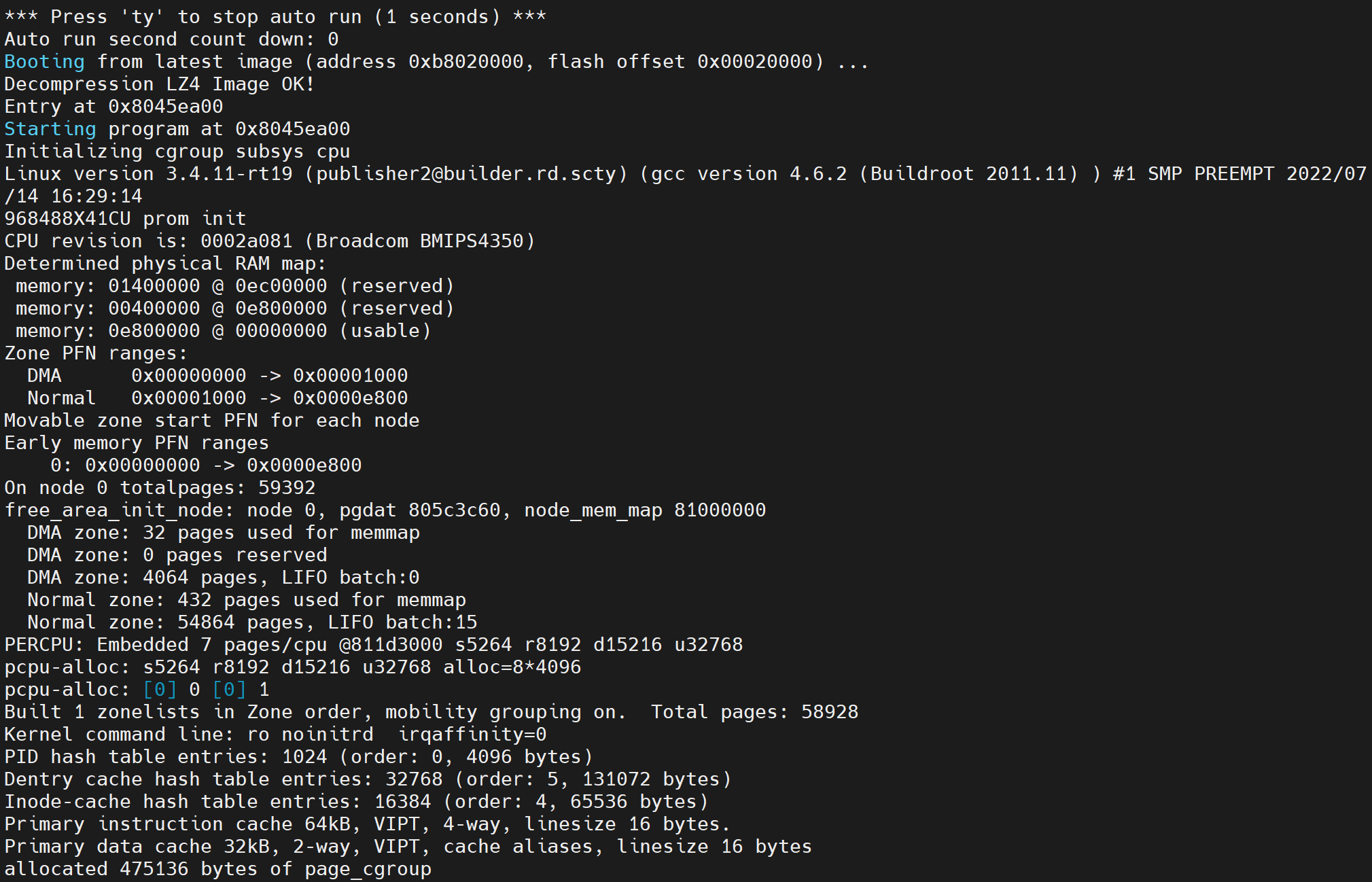 串口日志：Linux 3.4.11-rt19 内核启动，构建于 2022/07/14，CPU revision Broadcom BMIPS4350，可用物理内存 0x0e800000，totalpages 59392