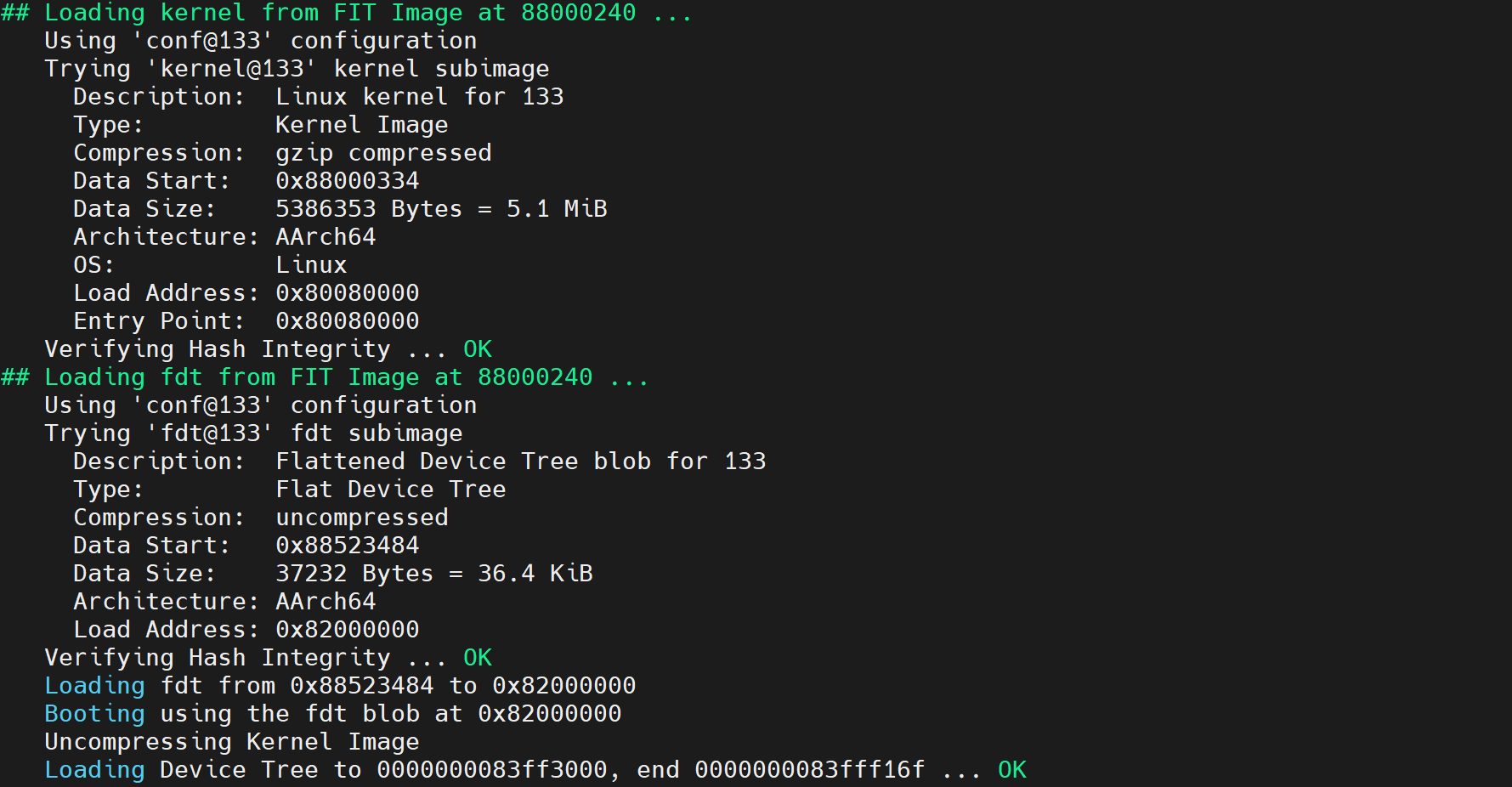 串口日志:Loading kernel from FIT Image at 88000240,kernel@133 内核 5386353 字节 5.1 MiB、AArch64、加载地址 0x80080000,Verifying Hash Integrity OK;接着加载 fdt@133 设备树 37232 字节