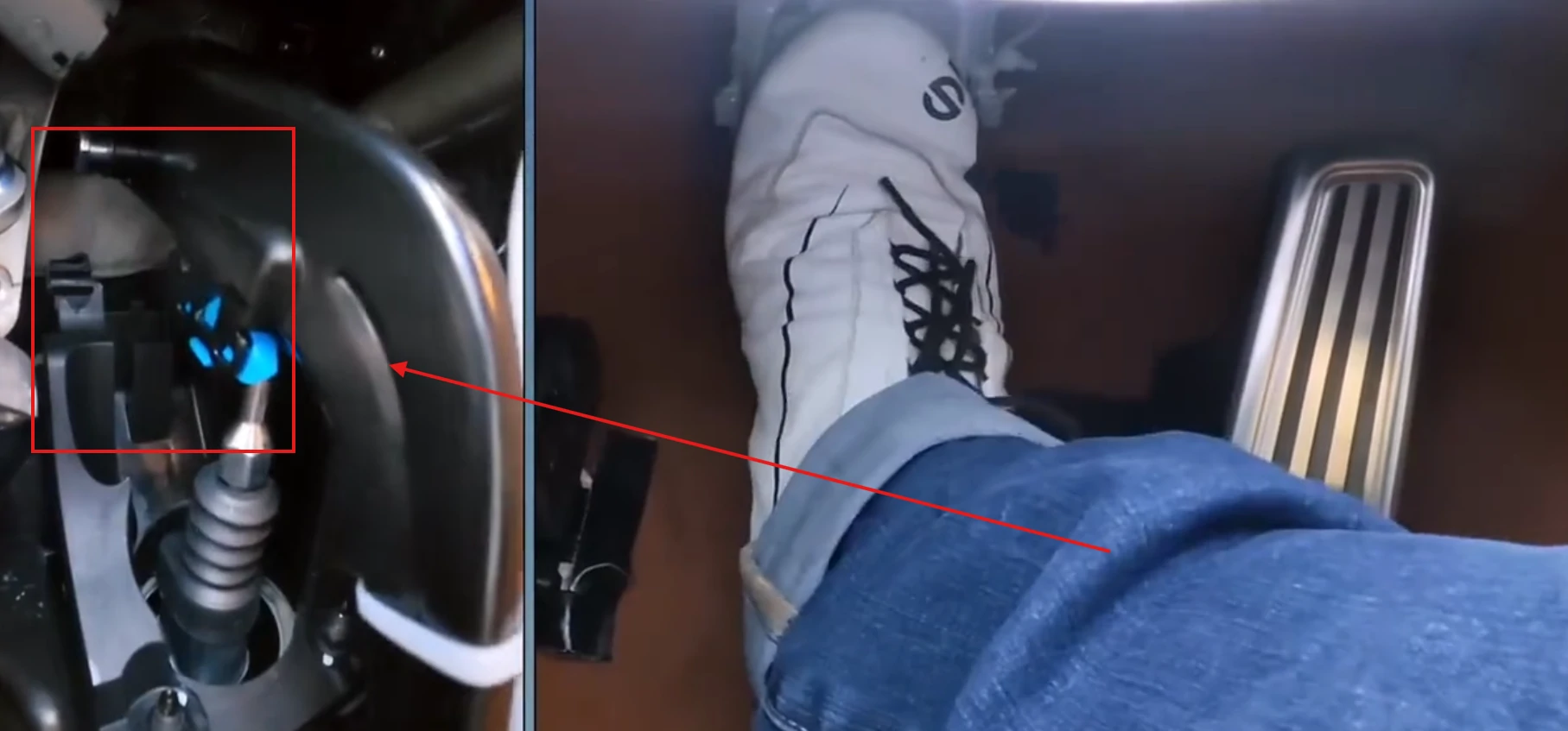 左侧为断裂的踏板支架特写并标注红色方框,右侧为驾驶员脚踩踏板位置的对比画面,红色箭头关联两处