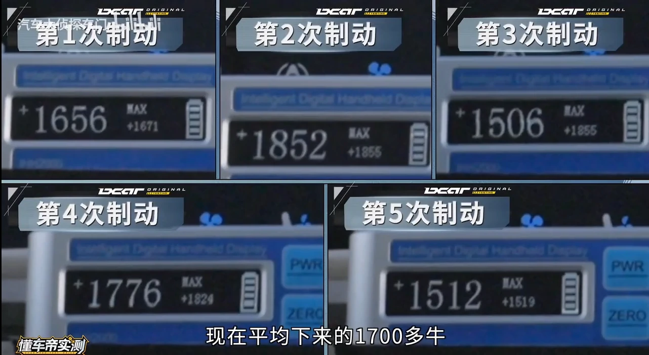 五次制动的踏板力读数拼图:第1次1656N(最大1671)、第2次1852N(最大1855)、第3次1506N(最大1855)、第4次1776N(最大1924)、第5次1512N(最大1519)
