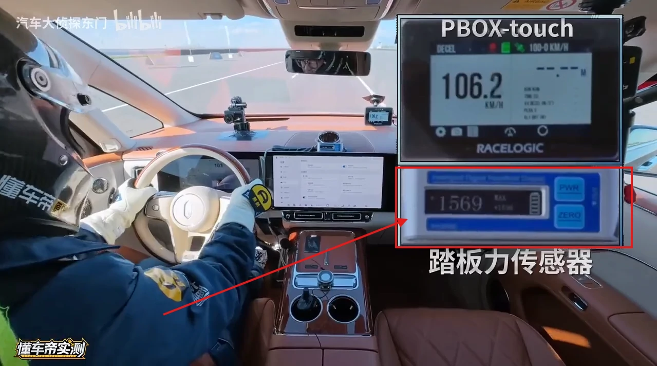 红框标注测试设备:RACELOGIC PBOX-touch 显示车速 106.2km/h,以及标注为「踏板力传感器」的读数仪表