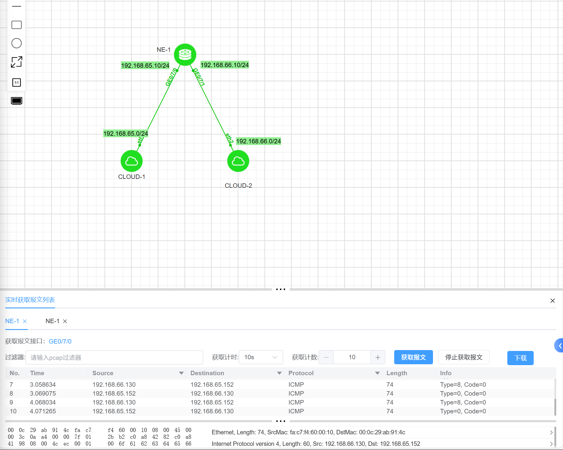 NE8000 实验拓扑：GE0/7/0 接公网侧 CLOUD-1（192.168.65.12/24），GE0/7/1 接私网侧 CLOUD-2（192.168.66.12/24）